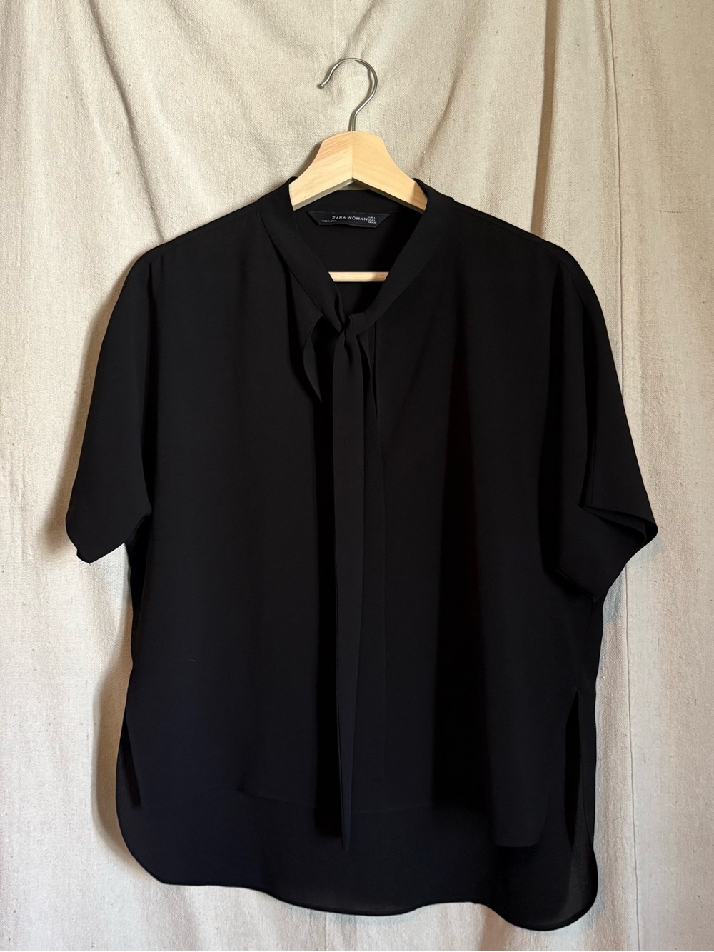 Black Tie Bow Short Sleeve Blouse by Zara